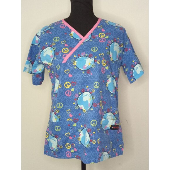 Melrose by May-Hill Uniforms Women's Blue/Pink World Peace Short Sleeve Scrub - Picture 1 of 7